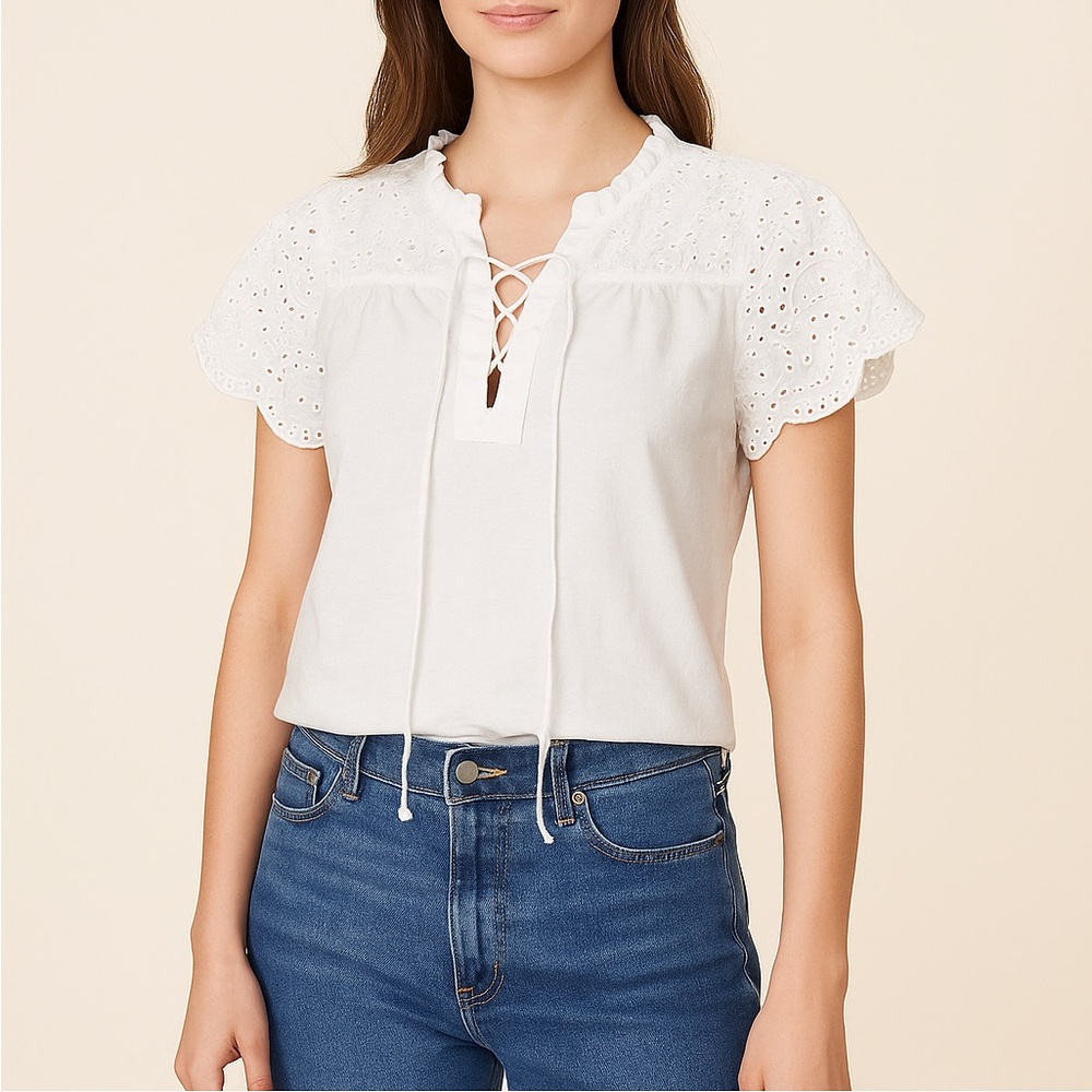 LOFT White Eyelet Ruffle Peasant Blouse – Size Small